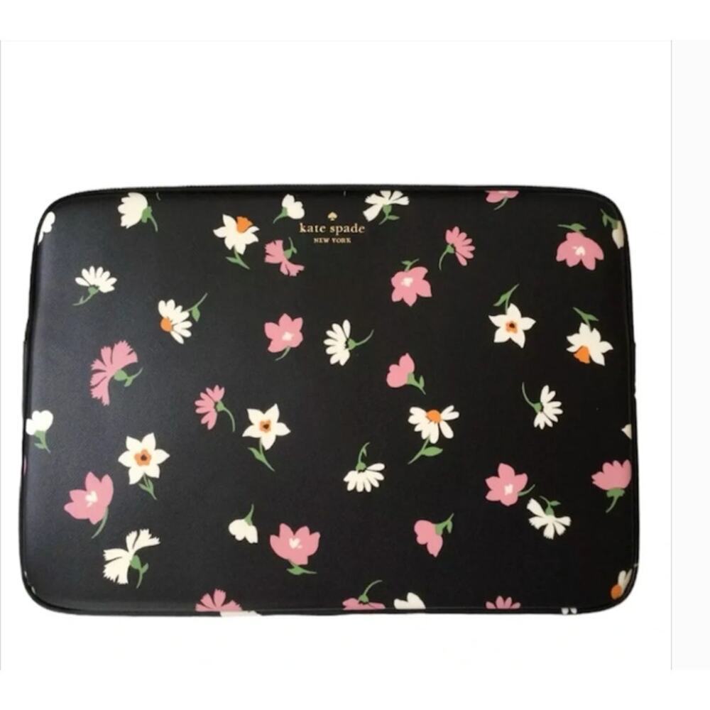 Kate Spade Floral Waltz Saffiano Leather Laptop Sleeve Black Multi 15" Floral